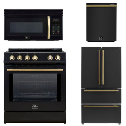 FORNO Espresso Package - 30" Induction Range, Over-The-Range Microwave, 36" Refrigerator with Ice Maker and Dishwasher in Black with Antique Brass Accents, AP4-0982BLK-A9