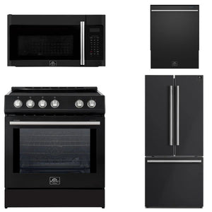 FORNO Espresso Package - 30" Induction Range, Over-The-Range Microwave, 30" Refrigerator with Ice Maker and Dishwasher in Black with Silver Accents, AP4-0982BLK-S13