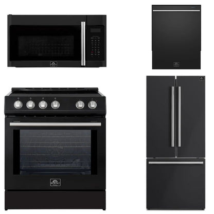 FORNO Espresso Package - 30" Induction Range, Over-The-Range Microwave, 30" Refrigerator with Ice Maker and Dishwasher in Black with Silver Accents, AP4-0982BLK-S13