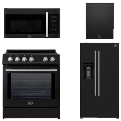 FORNO Espresso Package - 30" Induction Range, Over-The-Range Microwave, 36" Refrigerator with Water Dispenser/Ice Maker and Dishwasher in Black with Silver Accents, AP4-0982BLK-S14