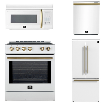 FORNO Espresso Package - 30" Induction Range, Over-The-Range Microwave, 30" Refrigerator with Ice Maker and Dishwasher in White with Antique Brass Accents, AP4-0982WHT-A10