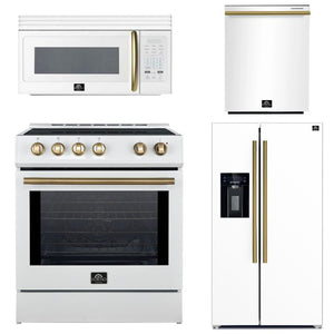 FORNO Espresso Package - 30" Induction Range, Over-The-Range Microwave, 36" Refrigerator with Water Dispenser/Ice Maker and Dishwasher in White with Antique Brass Accents, AP4-0982WHT-A11