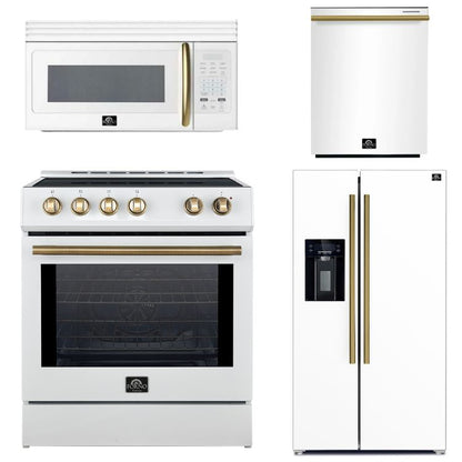 FORNO Espresso Package - 30" Induction Range, Over-The-Range Microwave, 36" Refrigerator with Water Dispenser/Ice Maker and Dishwasher in White with Antique Brass Accents, AP4-0982WHT-A11
