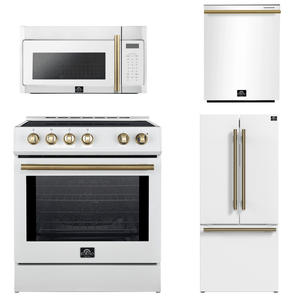 FORNO Espresso Package - 30" Induction Range, Over-The-Range Microwave, 30" Refrigerator with Ice Maker and Dishwasher in White with Antique Brass Accents, AP4-0982WHT-A13