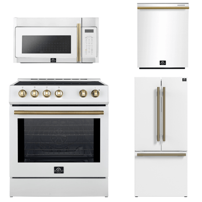 FORNO Espresso Package - 30" Induction Range, Over-The-Range Microwave, 30" Refrigerator with Ice Maker and Dishwasher in White with Antique Brass Accents, AP4-0982WHT-A13