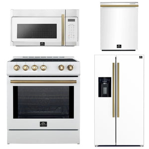 FORNO Espresso Package - 30" Induction Range, Over-The-Range Microwave, 36" Refrigerator with Water Dispenser/Ice Maker and Dishwasher in White with Antique Brass Accents, AP4-0982WHT-A14