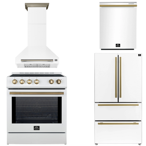 FORNO Espresso Package - 30" Induction Range, Wall Mount Range Hood, 36" Refrigerator with Ice Maker and Dishwasher in White with Antique Brass Accents, AP4-0982WHT-A15