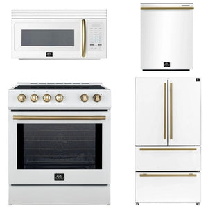 FORNO Espresso Package - 30" Induction Range, Over-The-Range Microwave, 36" Refrigerator with Ice Maker and Dishwasher in White with Antique Brass Accents, AP4-0982WHT-A9