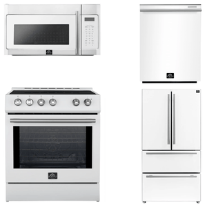 FORNO Espresso Package - 30" Induction Range, Over-The-Range Microwave, 36" Refrigerator with Ice Maker and Dishwasher in White with Silver Accents, AP4-0982WHT-S12