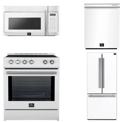 FORNO Espresso Package - 30" Induction Range, Over-The-Range Microwave, 30" Refrigerator with Ice Maker and Dishwasher in White with Silver Accents, AP4-0982WHT-S13