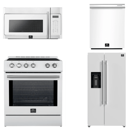 FORNO Espresso Package - 30" Induction Range, Over-The-Range Microwave, 36" Refrigerator with Water Dispenser/Ice Maker and Dishwasher in White with Stainless Steel Accents, AP4-0982WHT-S14