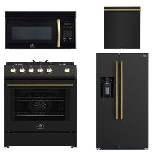 FORNO Espresso Package - 30" Gas Range, Over-The-Range Microwave, 36" Refrigerator with Water Dispenser/Ice Maker and Dishwasher in Black with Antique Brass Accents, AP4-1116BLK-A11