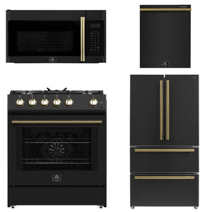 FORNO Espresso Package - 30" Gas Range, Over-The-Range Microwave, 36" Refrigerator with Ice Maker and Dishwasher in Black with Antique Brass Accents, AP4-1116BLK-A12