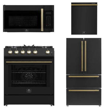 FORNO Espresso Package - 30" Gas Range, Over-The-Range Microwave, 36" Refrigerator with Ice Maker and Dishwasher in Black with Antique Brass Accents, AP4-1116BLK-A12