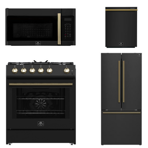 FORNO Espresso Package - 30" Gas Range, Over-The-Range Microwave, 30" Refrigerator with Ice Maker and Dishwasher in Black with Antique Brass Accents, AP4-1116BLK-A13