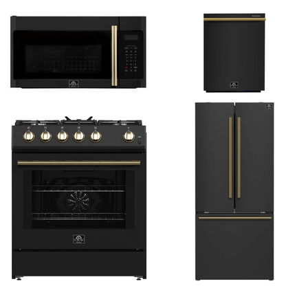 FORNO Espresso Package - 30" Gas Range, Over-The-Range Microwave, 30" Refrigerator with Ice Maker and Dishwasher in Black with Antique Brass Accents, AP4-1116BLK-A13