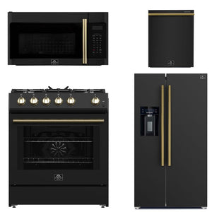 FORNO Espresso Package - 30" Gas Range, Over-The-Range Microwave, 36" Refrigerator with Water Dispenser/Ice Maker and Dishwasher in Black with Antique Brass Accents, AP4-1116BLK-A14