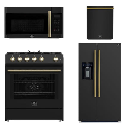 FORNO Espresso Package - 30" Gas Range, Over-The-Range Microwave, 36" Refrigerator with Water Dispenser/Ice Maker and Dishwasher in Black with Antique Brass Accents, AP4-1116BLK-A14