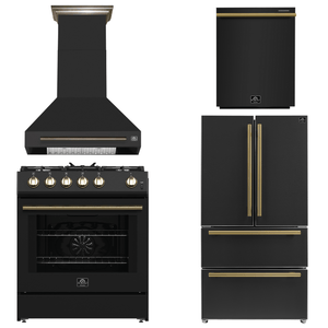 FORNO Espresso Package - 30" Gas Range, Wall Mount Range Hood, 36" Refrigerator with Ice Maker and Dishwasher in Black with Antique Brass Accents, AP4-1116BLK-A15