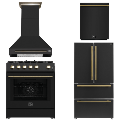 FORNO Espresso Package - 30" Gas Range, Wall Mount Range Hood, 36" Refrigerator with Ice Maker and Dishwasher in Black with Antique Brass Accents, AP4-1116BLK-A15