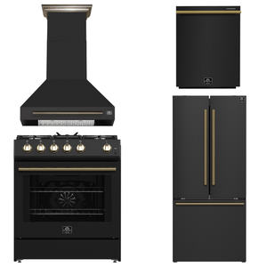 FORNO Espresso Package - 30" Gas Range, Wall Mount Range Hood, 30" Refrigerator and Dishwasher in Black with Antique Brass Accents, AP4-1116BLK-A16