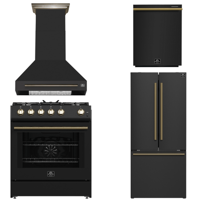 FORNO Espresso Package - 30" Gas Range, Wall Mount Range Hood, 30" Refrigerator and Dishwasher in Black with Antique Brass Accents, AP4-1116BLK-A16