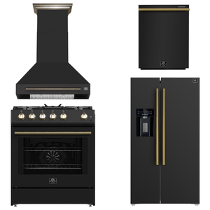 FORNO Espresso Package - 30" Gas Range, Wall Mount Range Hood, 36" Refrigerator with Water and Ice Dispenser and Dishwasher in Black with Antique Brass Accents, AP4-1116BLK-A17
