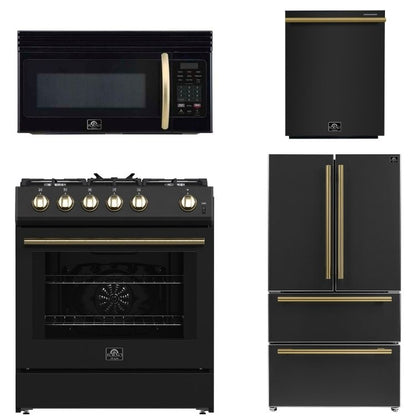 FORNO Espresso Package - 30" Gas Range, Over-The-Range Microwave, 36" Refrigerator with Ice Maker and Dishwasher in Black with Antique Brass Accents, AP4-1116BLK-A9