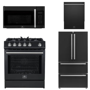 FORNO Espresso Package - 30" Gas Range, Over-The-Range Microwave, 36" Refrigerator with Ice Maker and Dishwasher in Black with Silver Accents, AP4-1116BLK-S12