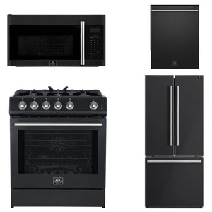 FORNO Espresso Package - 30" Gas Range, Over-The-Range Microwave, 30" Refrigerator with Ice Maker and Dishwasher in Black with Silver Accents, AP4-1116BLK-S13