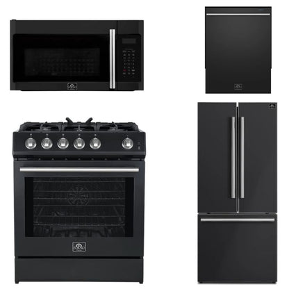 FORNO Espresso Package - 30" Gas Range, Over-The-Range Microwave, 30" Refrigerator with Ice Maker and Dishwasher in Black with Silver Accents, AP4-1116BLK-S13