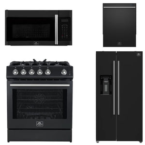 FORNO Espresso Package - 30" Gas Range, Over-The-Range Microwave, 36" Refrigerator with Water Dispenser/Ice Maker and Dishwasher in Black with Silver Accents, AP4-1116BLK-S14