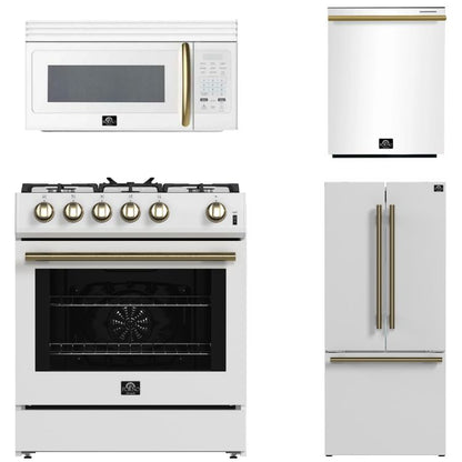 FORNO Espresso Package - 30" Gas Range, Over-The-Range Microwave, 30" Refrigerator with Ice Maker and Dishwasher in White with Antique Brass Accents, AP4-1116WHT-A10