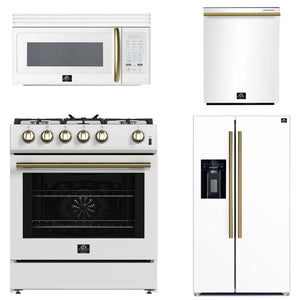FORNO Espresso Package - 30" Gas Range, Over-The-Range Microwave, 36" Refrigerator with Water Dispenser/Ice Maker and Dishwasher in White with Antique Brass Accents, AP4-1116WHT-A11