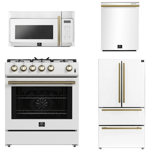 FORNO Espresso Package - 30" Gas Range, Over-The-Range Microwave, 36" Refrigerator with Ice Maker and Dishwasher in White with Antique Brass Accents, AP4-1116WHT-A12