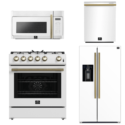 FORNO Espresso Package - 30" Gas Range, Over-The-Range Microwave, 36" Refrigerator with Water Dispenser/Ice Maker and Dishwasher in White with Antique Brass Accents, AP4-1116WHT-A14