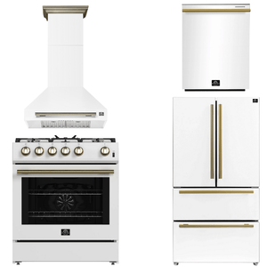 FORNO Espresso Package - 30" Gas Range, Wall Mount Range Hood, 36" Refrigerator with Ice Maker and Dishwasher in White with Antique Brass Accents, AP4-1116WHT-A15