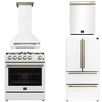 FORNO Espresso Package - 30" Gas Range, Wall Mount Range Hood, 36" Refrigerator with Ice Maker and Dishwasher in White with Antique Brass Accents, AP4-1116WHT-A15