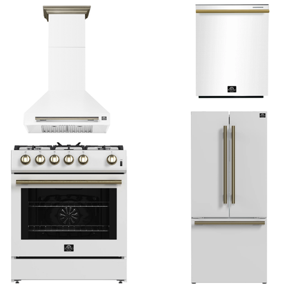 FORNO Espresso Package - 30" Gas Range, Wall Mount Range Hood, 30" Refrigerator and Dishwasher in White with Antique Brass Accents, AP4-1116WHT-A16