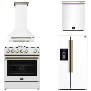 FORNO Espresso Package - 30" Gas Range, Wall Mount Range Hood, 36" Refrigerator with Water and Ice Dispenser and Dishwasher in White with Antique Brass Accents, AP4-1116WHT-A17