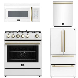 FORNO Espresso Package - 30" Gas Range, Over-The-Range Microwave, 36" Refrigerator with Ice Maker and Dishwasher in White with Antique Brass Accents, AP4-1116WHT-A9