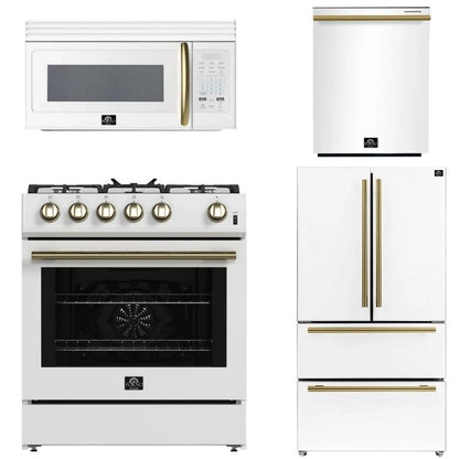 FORNO Espresso Package - 30" Gas Range, Over-The-Range Microwave, 36" Refrigerator with Ice Maker and Dishwasher in White with Antique Brass Accents, AP4-1116WHT-A9