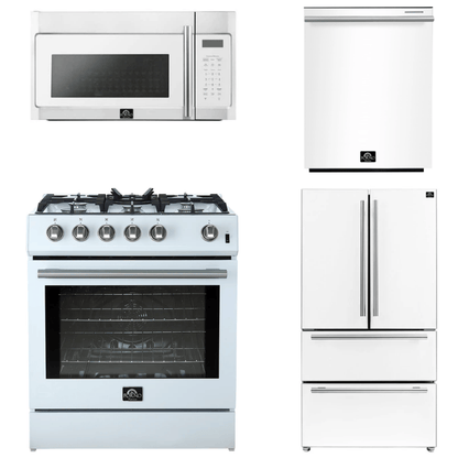 FORNO Espresso Package - 30" Gas Range, Over-The-Range Microwave, 36" Refrigerator with Ice Maker and Dishwasher in White with Silver Accents, AP4-1116WHT-S12
