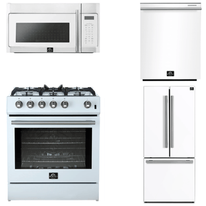 FORNO Espresso Package - 30" Gas Range, Over-The-Range Microwave, 30" Refrigerator with Ice Maker and Dishwasher in White with Silver Accents, AP4-1116WHT-S13