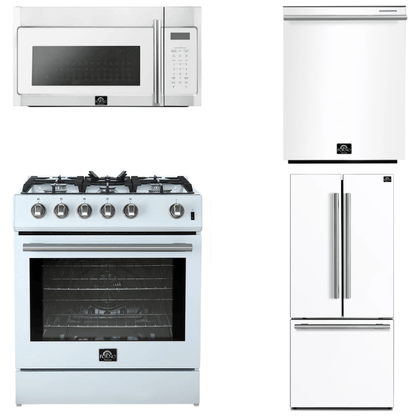 FORNO Espresso Package - 30" Gas Range, Over-The-Range Microwave, 30" Refrigerator with Ice Maker and Dishwasher in White with Silver Accents, AP4-1116WHT-S13