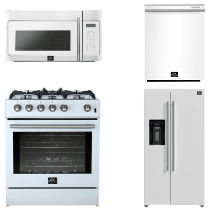 FORNO Espresso Package - 30" Gas Range, Over-The-Range Microwave, 36" Refrigerator with Water Dispenser/Ice Maker and Dishwasher in White with Silver Accents, AP4-1116WHT-S14