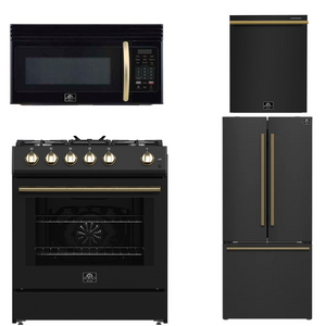 FORNO Paolo Package - 30" Electric Range, Over-The-Range Microwave, 30" Refrigerator with Ice Maker and Dishwasher in Black with Antique Brass Accents, AP4-6011BLK-A10