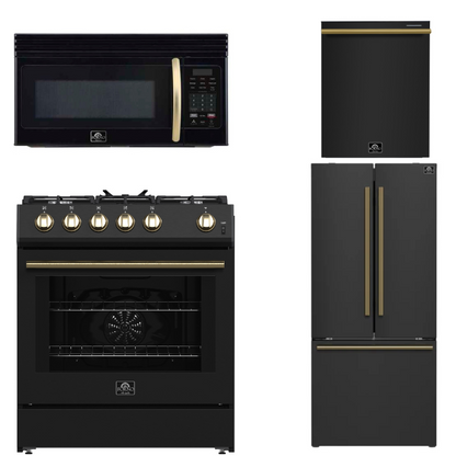FORNO Paolo Package - 30" Electric Range, Over-The-Range Microwave, 30" Refrigerator with Ice Maker and Dishwasher in Black with Antique Brass Accents, AP4-6011BLK-A10