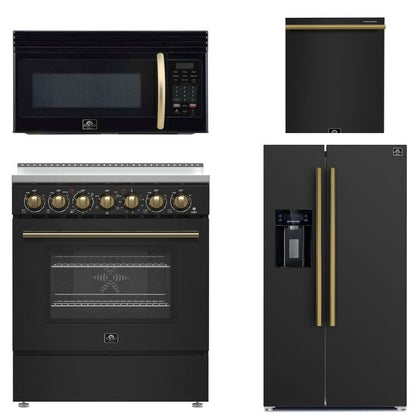 FORNO Paolo Package - 30" Electric Range, Over-The-Range Microwave, 36" Refrigerator with Water Dispenser/Ice Maker and Dishwasher in Black with Antique Brass Accents, AP4-6011BLK-A11