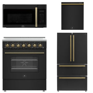 FORNO Paolo Package - 30" Electric Range, Over-The-Range Microwave, 36" Refrigerator with Ice Maker and Dishwasher in Black with Antique Brass Accents, AP4-6011BLK-A12